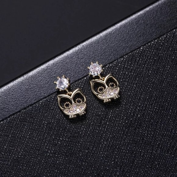 14k Gold Adorable Diamond Owl Earrings Sterling Silver - Picture 5 of 9
